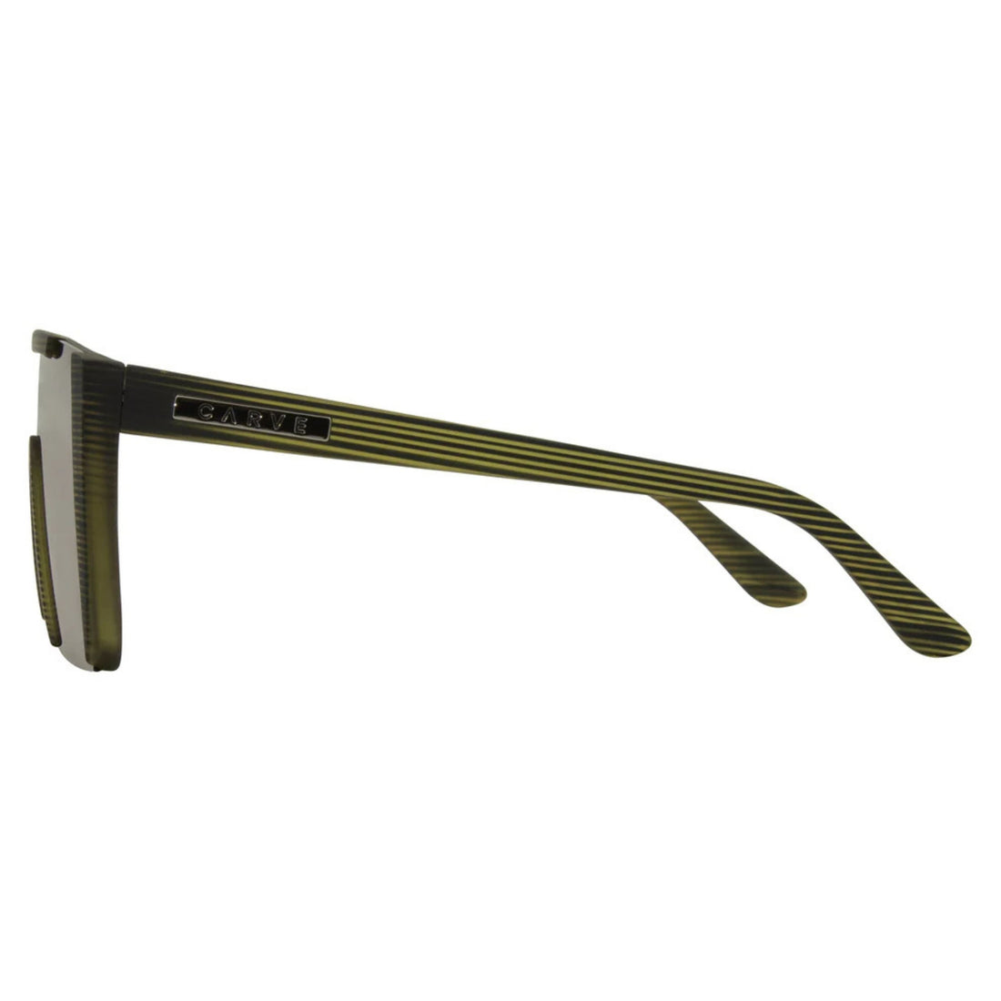 Carve Equinox Olive Streak polarised sunglasses with flat-top frame and angular design, available at Freeride Surf & Skate NZ.