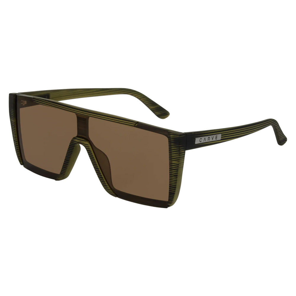 Carve Equinox Olive Streak polarised sunglasses with flat-top frame and angular design, available at Freeride Surf & Skate NZ.
