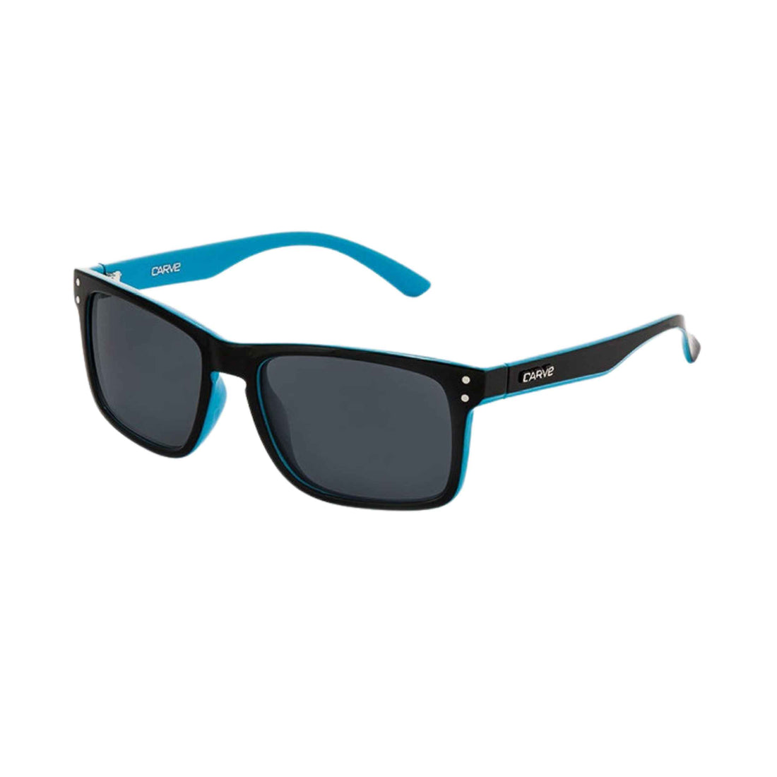 Carve Goblin Polarised Sunglasses with gloss black-blue frame, grey polarised lenses and metal badge detailing, available at Freeride Surf & Skate NZ.