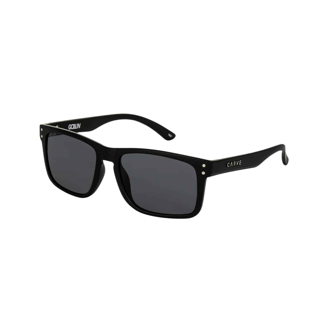 Carve Goblin Sunglasses in Matte Black with a contemporary frame, medium fit and metal badge detailing, available at Freeride Surf & Skate NZ.