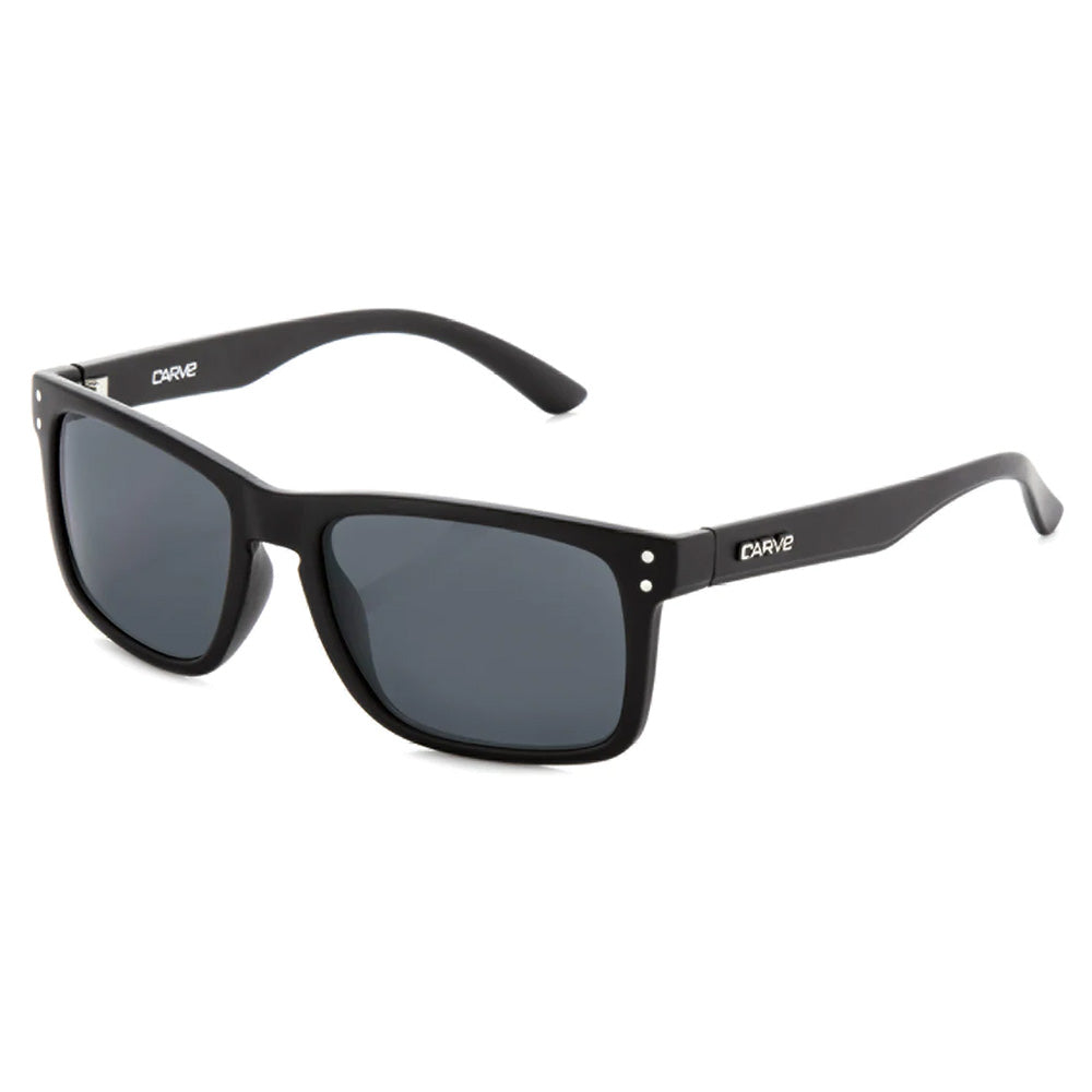 Carve Goblin Matte Black sunglasses with medium fit polycarbonate frame and optically correct Category 3 lenses, available at Freeride Surf & Skate NZ.