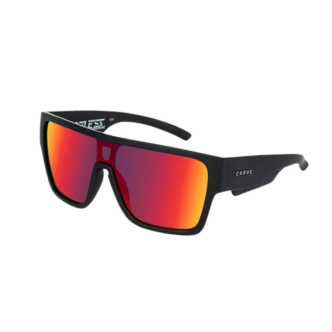 Carve Limitless Sunglasses in Matt Black with oversized shield frame, iridium lenses and metal badging, available at Freeride Surf & Skate NZ.