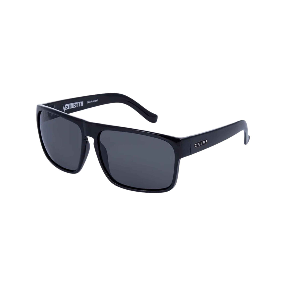Carve Vendetta Polarised Sunglasses in Black Gloss with classic square frames, dark polarised lenses and metal badging, available at Freeride Surf & Skate NZ.