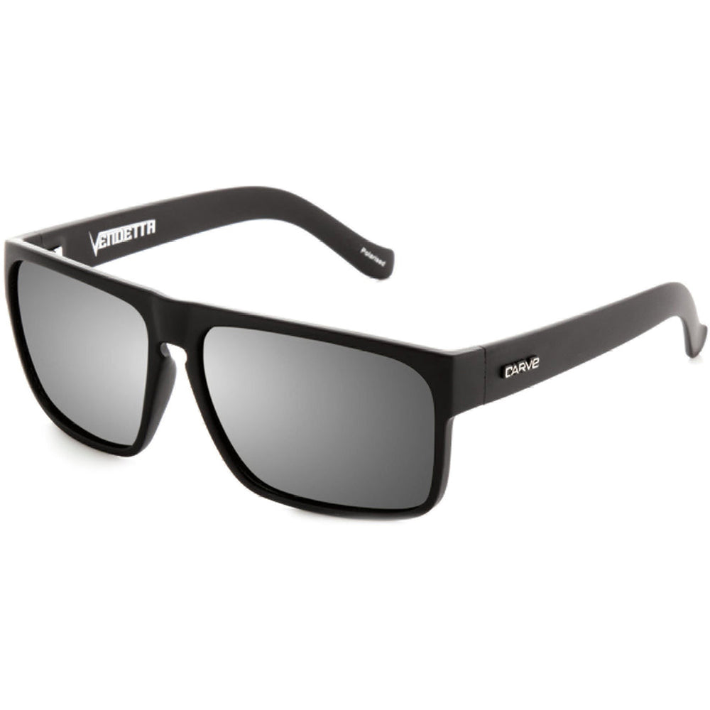 Carve Vendetta Matt Black polarised sunglasses with square polycarbonate frame and injected Category 3 lenses, available at Freeride Surf & Skate NZ.