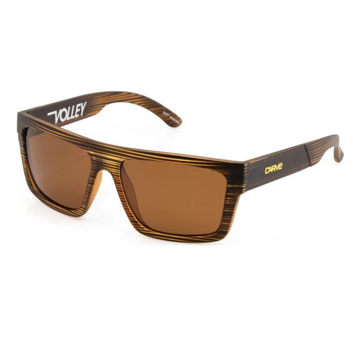 Carve Volley Polarised Sunglasses in Brown with classic polycarbonate frame, polarised lenses and metal badge detailing, available at Freeride Surf & Skate NZ.