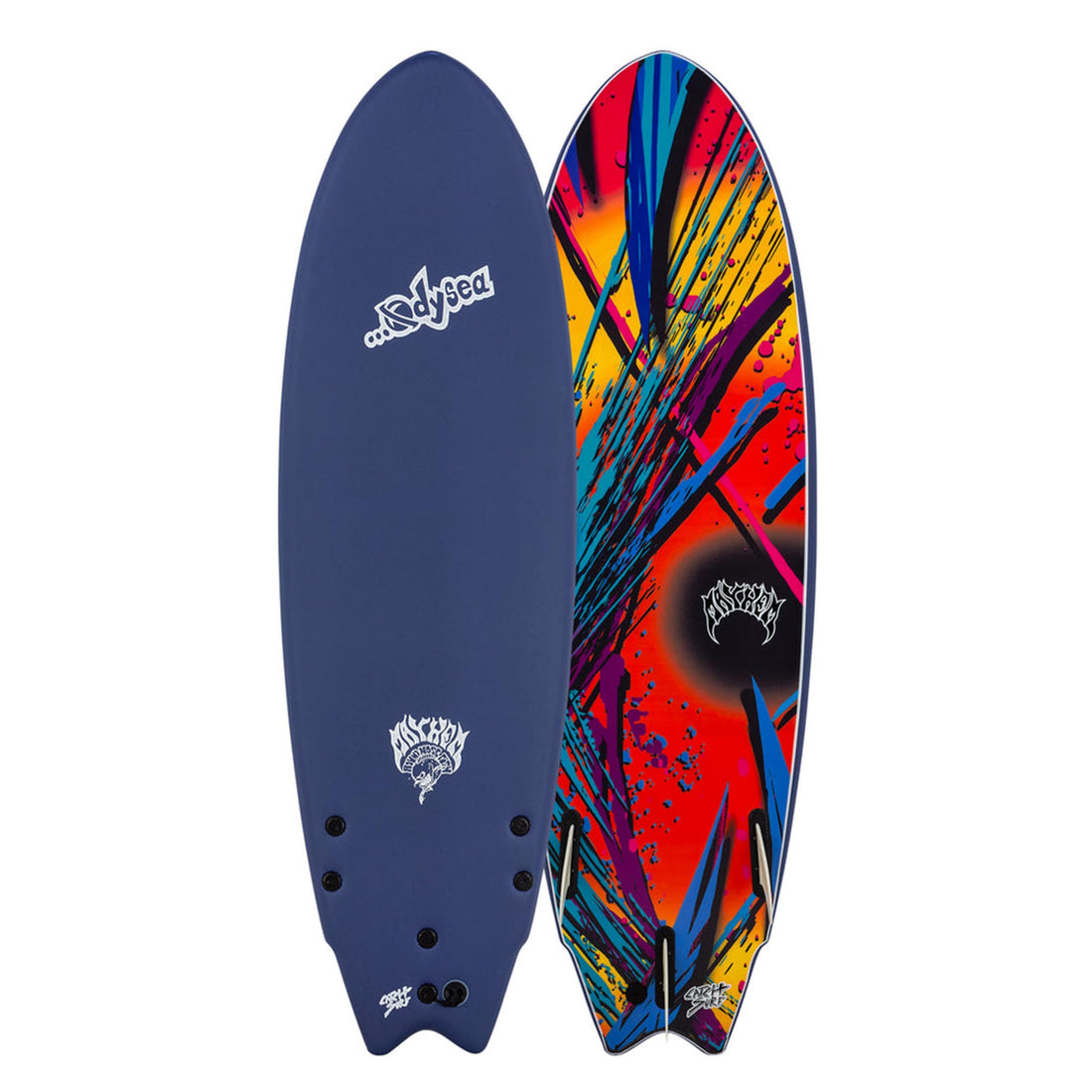 Catch Surf 5'11 Lost RNF Fish Softboard Midnight Blue front and back view showing the bold blue deck and graphic slick bottom — available now at Freeride Surf & Skate NZ.