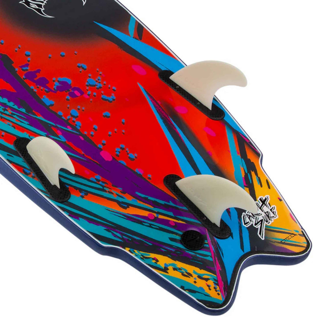 Close-up of Catch Surf 5'11 Lost RNF Fish Softboard Midnight Blue tail and thruster fins with vibrant HDPE graphic slick — performance softboard from Freeride Surf & Skate NZ
