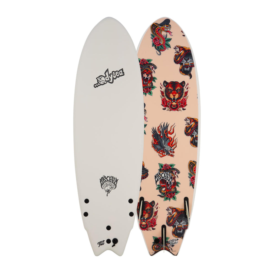 Catch Surf 5'11 Lost RNF Fish Softboard White Biolos Graphics front and back view showing the bold blue deck and graphic slick bottom — available now at Freeride Surf & Skate NZ.
