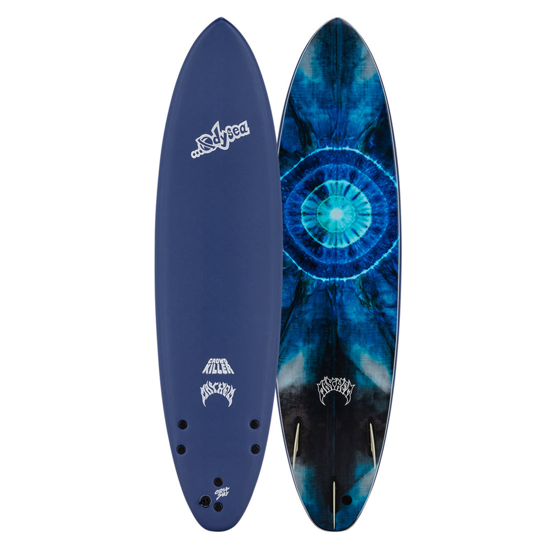 
Close-up of Catch Surf 6'8 Lost Crowd Killer Softboard Sky Blue tail with removable fins and HDPE slick bottom — Mayhem-designed funboard stocked at Freeride Surf & Skate NZ.
