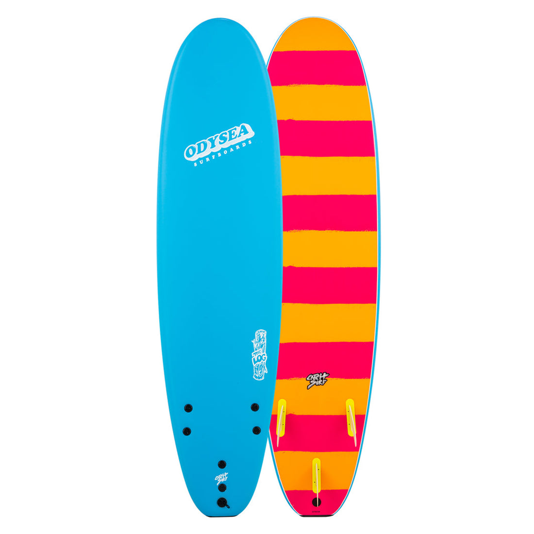 Catch Surf Odysea 7’0 Log Softboard Sky Blue best surfboards for beginners. front and back view showing classic longboard shape, wide outline, and HDPE slick bottom — Soft tops NZ available at Freeride Surf & Skate NZ