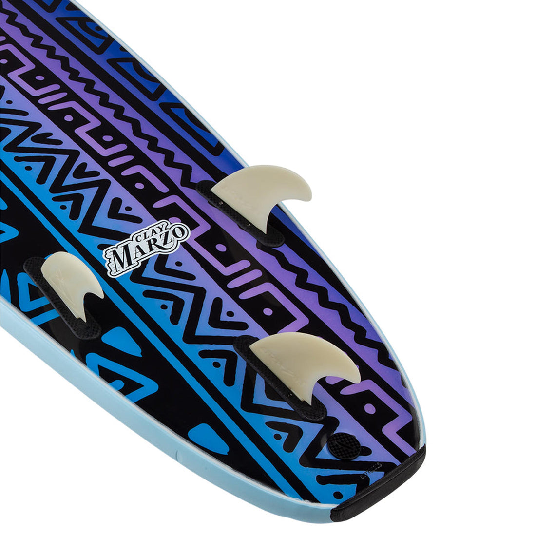 Close-up of Catch Surf Odysea 7’0 Log Softboard Sky Blue Clay Marzo Edition tail with removable fins and bumper-tail finish — soft top surfboards NZ The best surfboards for beginners. 