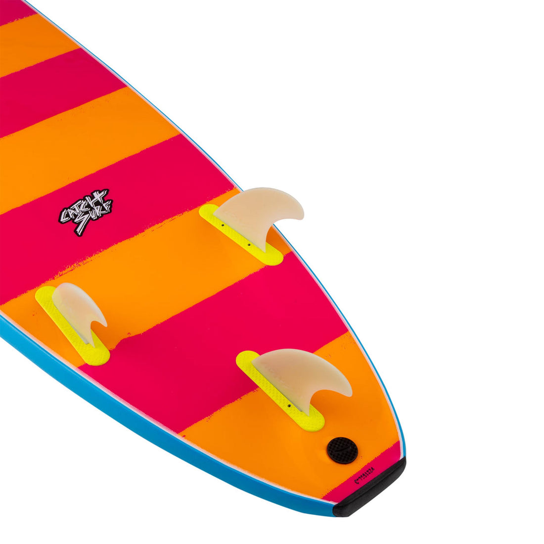 Close-up of Catch Surf Odysea 7’0 Log Softboard Sky Blue tail with removable fins and bumper-tail finish — soft top surfboards NZ The best surfboards for beginners. 
