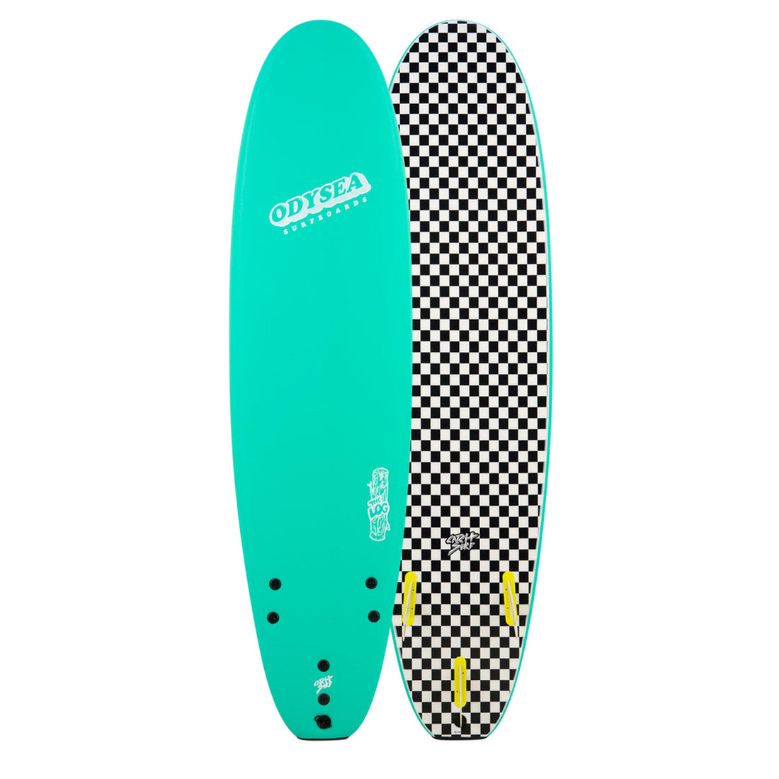 Catch Surf Odysea 7’0 Log Softboard Turquoise est surfboards for beginners. front and back view showing classic longboard shape, wide outline, and HDPE slick bottom — Soft tops NZ available at Freeride Surf & Skate NZ