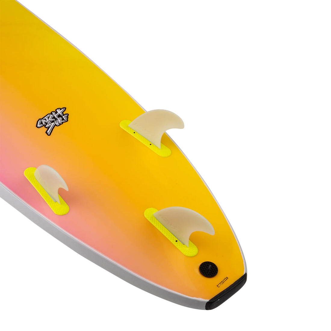 Close-up of Catch Surf Odysea 8’0 Log Cool Grey Softboard tail and fins — durable HDPE slick bottom and tri-fin setup. A top-rated soft top surfboard for beginners in NZ, available at Freeride Surf & Skate.