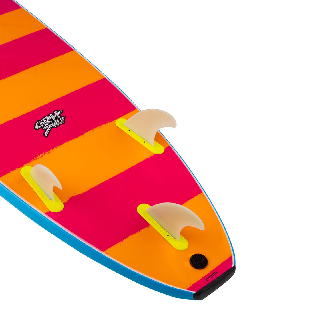 Close-up of Catch Surf Odysea 8’0 Log Softboard tail and fins — durable HDPE slick bottom and tri-fin setup. A top-rated soft top surfboard for beginners in NZ, available at Freeride Surf & Skate.