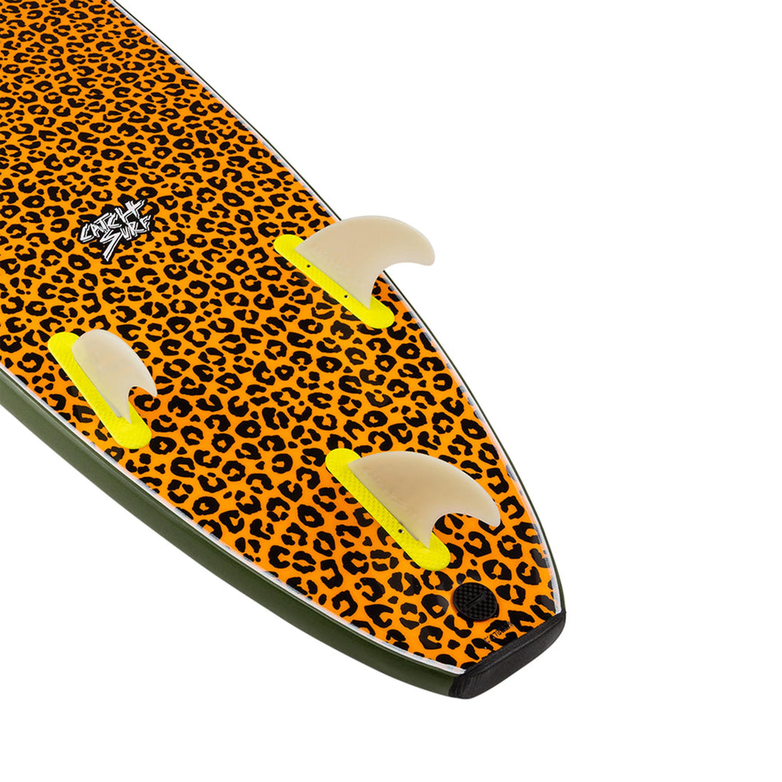 Close-up of Catch Surf Odysea 8’0 Log Softboard Military Green tail and fins — durable HDPE slick bottom and tri-fin setup. A top-rated soft top surfboard for beginners in NZ, available at Freeride Surf & Skate.