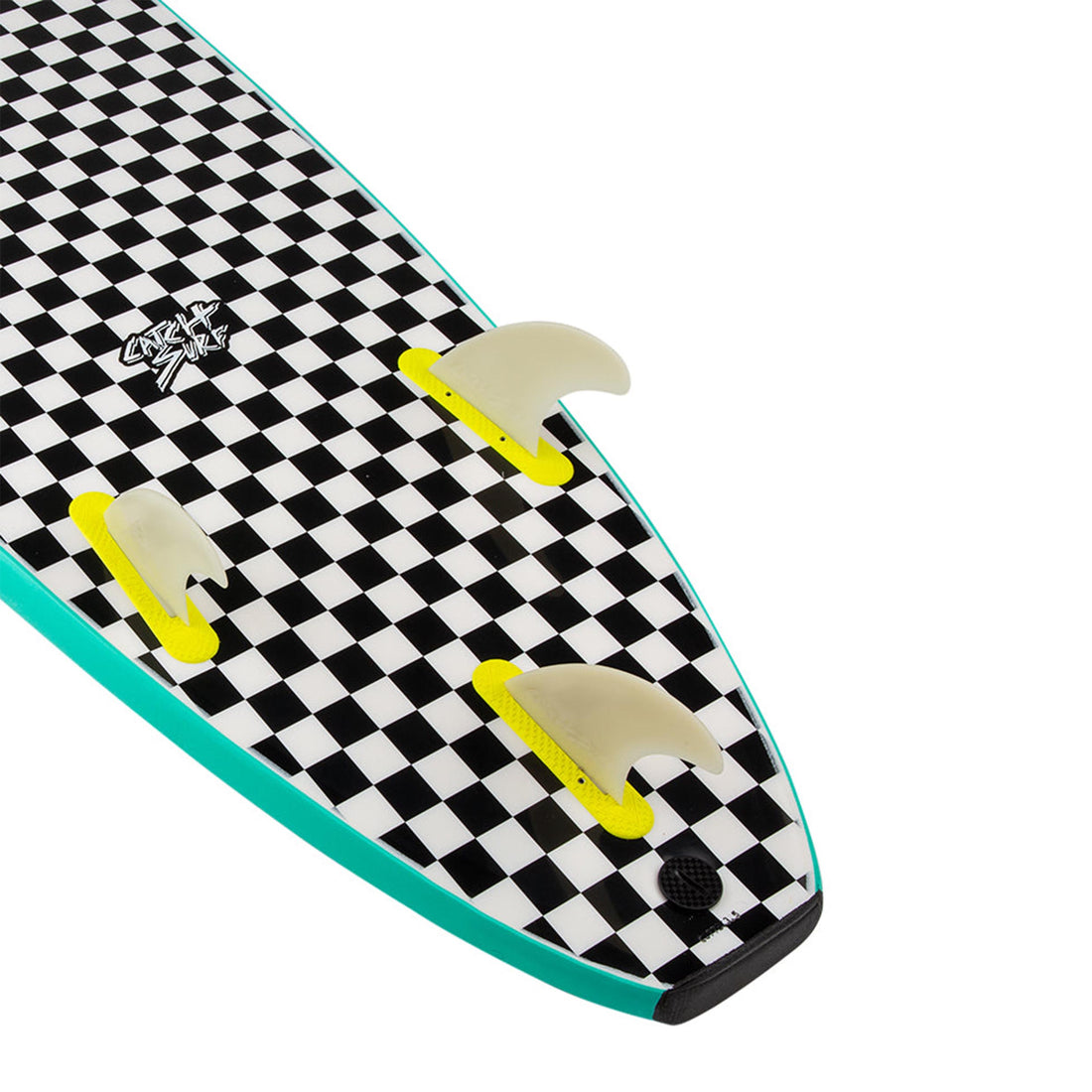 Close-up of Catch Surf Odysea 8’0 Log Softboard Turquoise tail and fins — durable HDPE slick bottom and tri-fin setup. A top-rated soft top surfboard for beginners in NZ, available at Freeride Surf & Skate