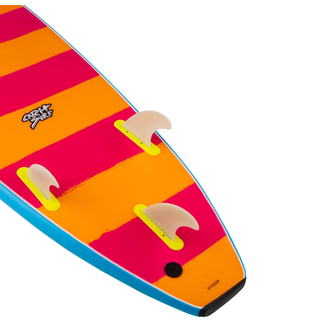 Close-up of Catch Surf Odysea 8’0 Log Softboard tail and fins — durable HDPE slick bottom and tri-fin setup. A top-rated soft top surfboard for beginners in NZ, available at Freeride Surf & Skate.