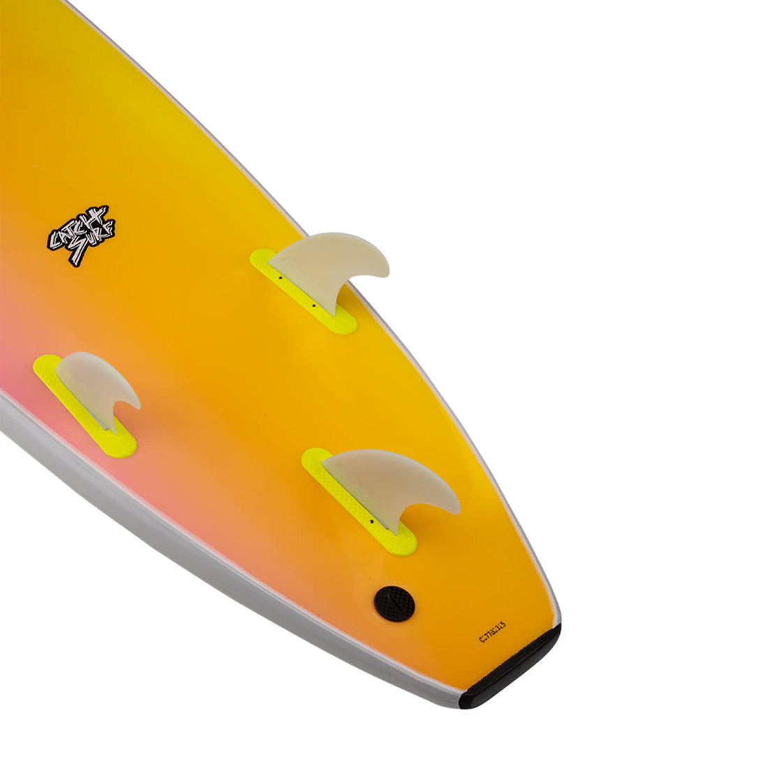 Close-up of Catch Surf Odysea 9’0 Log Softboard cool grey orange tail and fins — durable HDPE slick bottom and tri-fin setup. A top-rated soft top surfboard for beginners in NZ, available at Freeride Surf & Skate.