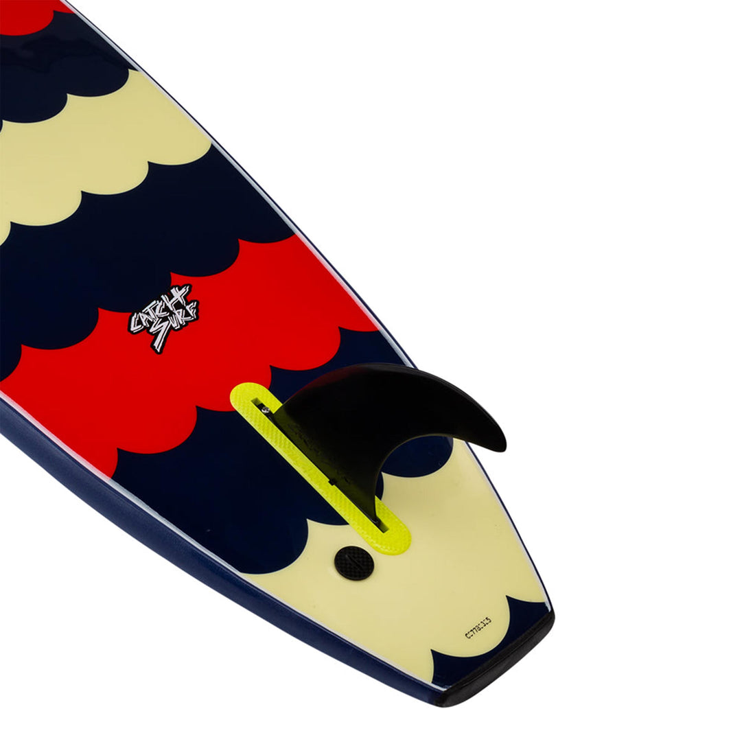 Close-up of Catch Surf Odysea 9’0 Log Softboard Midnight Blue tail and fins — durable HDPE slick bottom and tri-fin setup. A top-rated soft top surfboard for beginners in NZ, available at Freeride Surf & Skate.