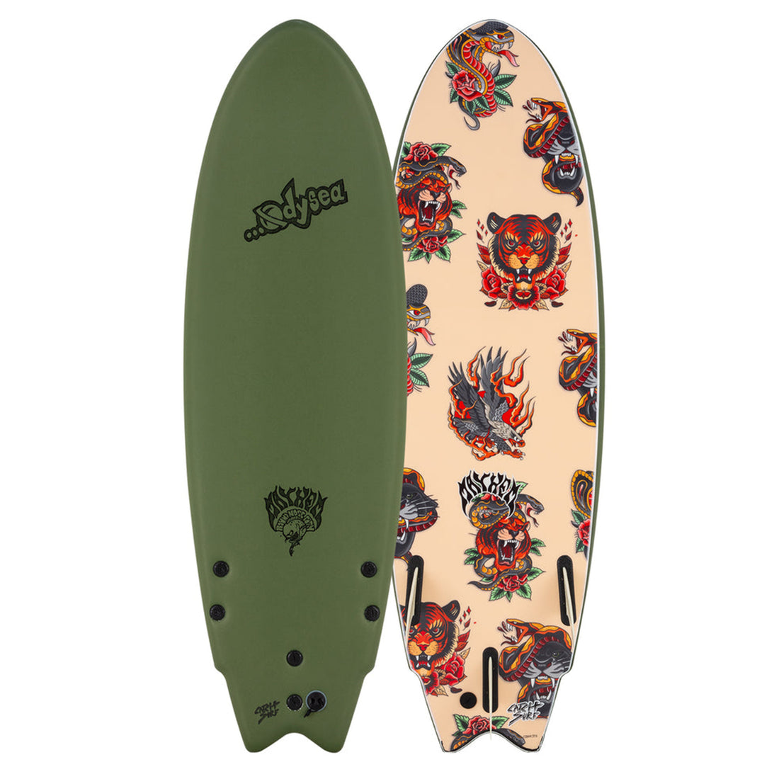 Catch Surf 6'5 Lost RNF Fish Softboard Military Tattoo Graphic front and back view showing Mayhem’s RNF shape and bold tattoo design – available at Freeride Surf & Skate NZ.