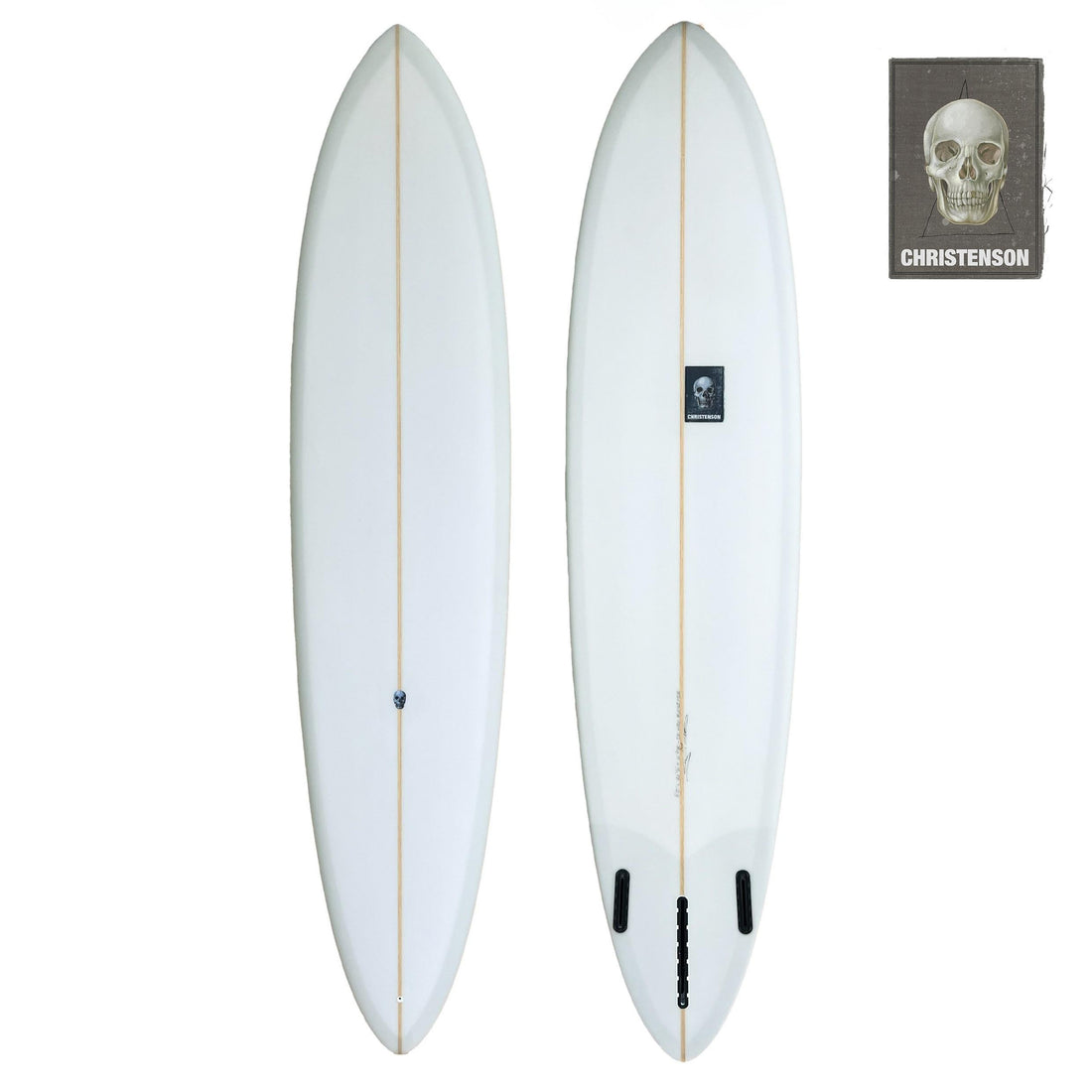 Christenson C-Bucket surfboard – midlength single-fin pintail with redwood stringer single fin plus side bites clear tint at Freeride Surf Skate NZ