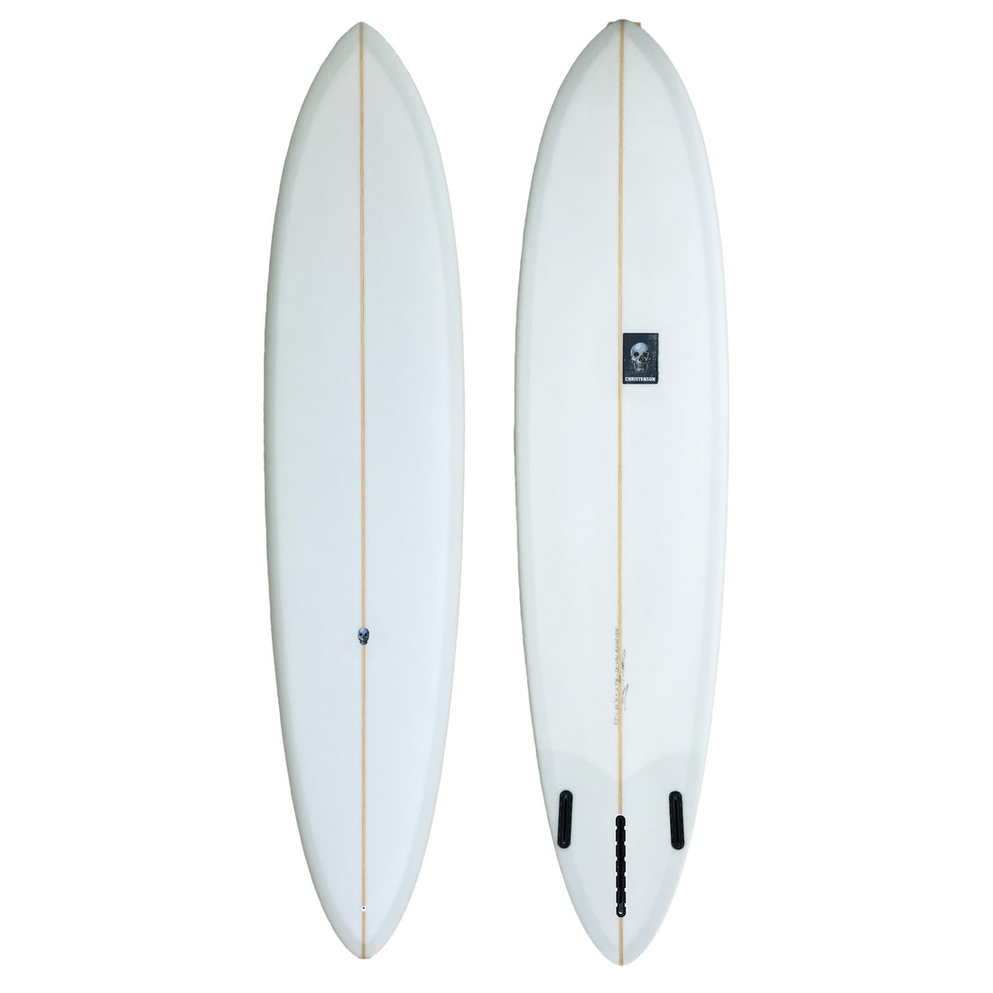 Christenson C-Bucket surfboard – midlength single-fin pintail with redwood stringer single fin plus side bites clear tint at Freeride Surf Skate NZ