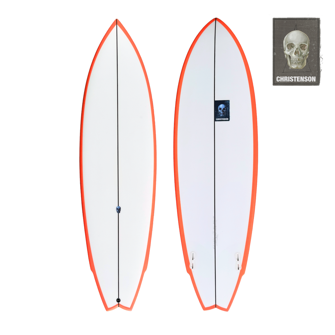 Christenson Lane Splitter 6'2 twin fin surfboard with swallow tail and orange rail spray, available at Freeride Surf & Skate NZ, Auckland surf shop.