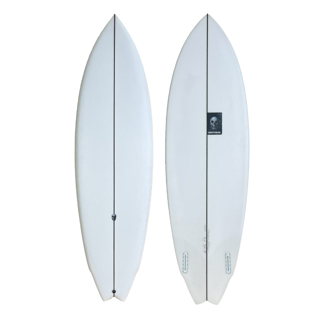 Christenson Lane Splitter 6'0 surfboard with a swallow tail design Twin Fin Futures Clear. Shop Christenson Surfboards at Freeride Surf & Skate NZ