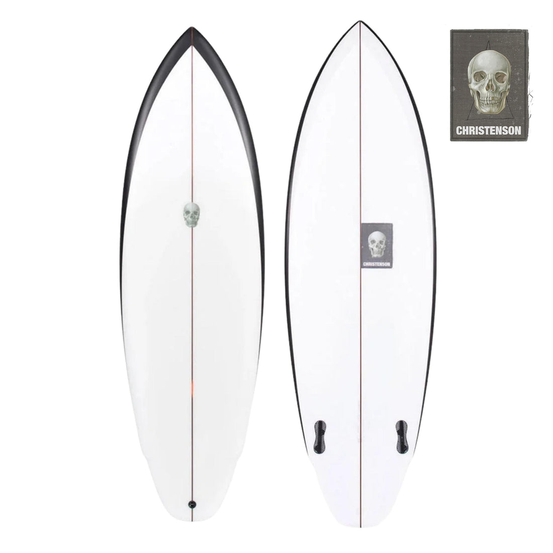 Christenson Lane Splitter surfboard with a squash tail design, featuring a white body with a black rail spray and a brown logo on the lower right corner. Shop Christenson Surfboards at Freeride Surf & Skate NZ