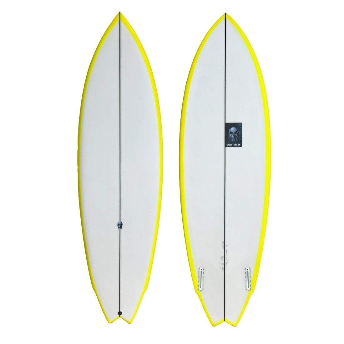 Christenson Lane Splitter 5'10 surfboard with a swallow tail design, featuring a white body with a yellow rail spray Shop Christenson Surfboards at Freeride Surf & Skate NZ