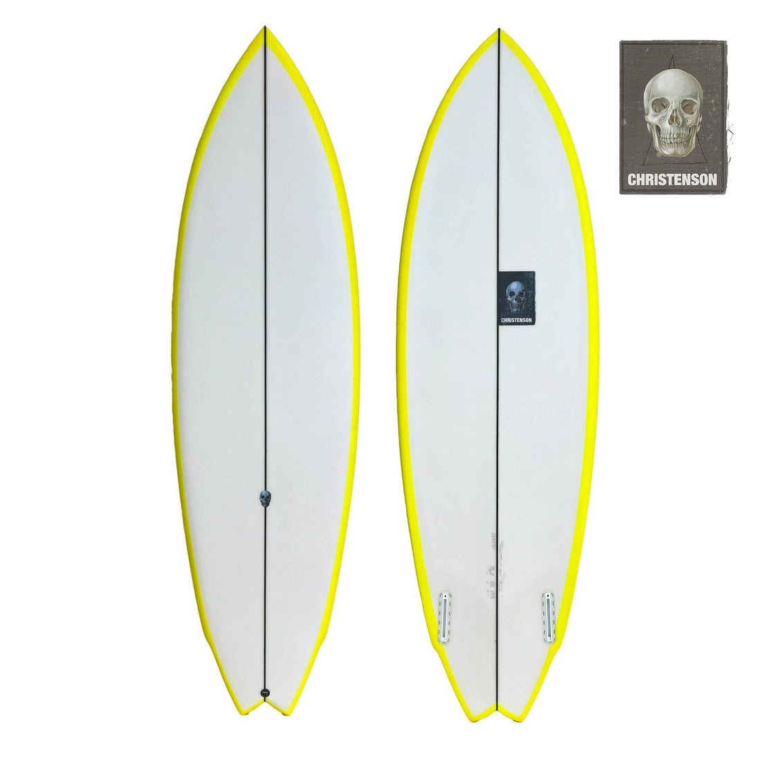 Christenson Lane Splitter surfboard with a swallow tail design, featuring a white body with a yellow rail spray Shop Christenson Surfboards at Freeride Surf & Skate NZ