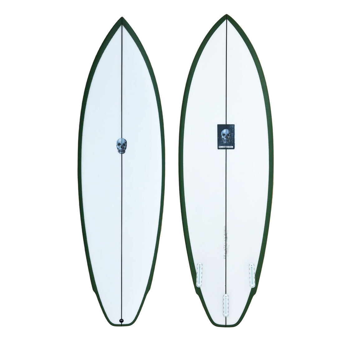 Christenson Lane Splitter surfboard with a squash tail design, featuring a white board and Green Rail Spray 2+1 Future set up. Shop Christenson Surfboards at Freeride Surf & Skate NZ