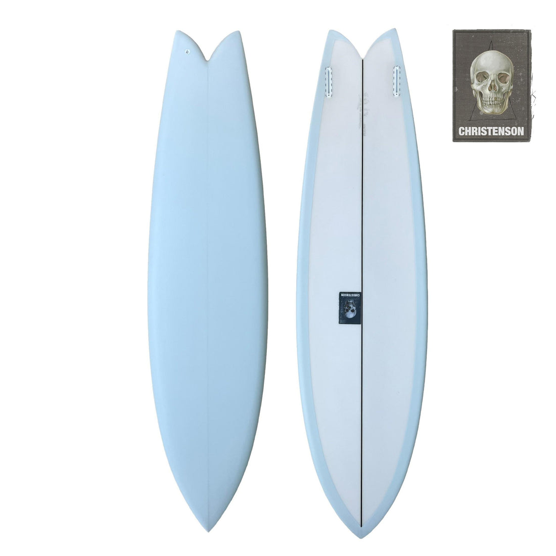 Christenson Long Phish 2.0 Surfboard Front Deck Back Deck View Baby Blue Spray In stock Instore at Freeride Surf and Skate NZ 