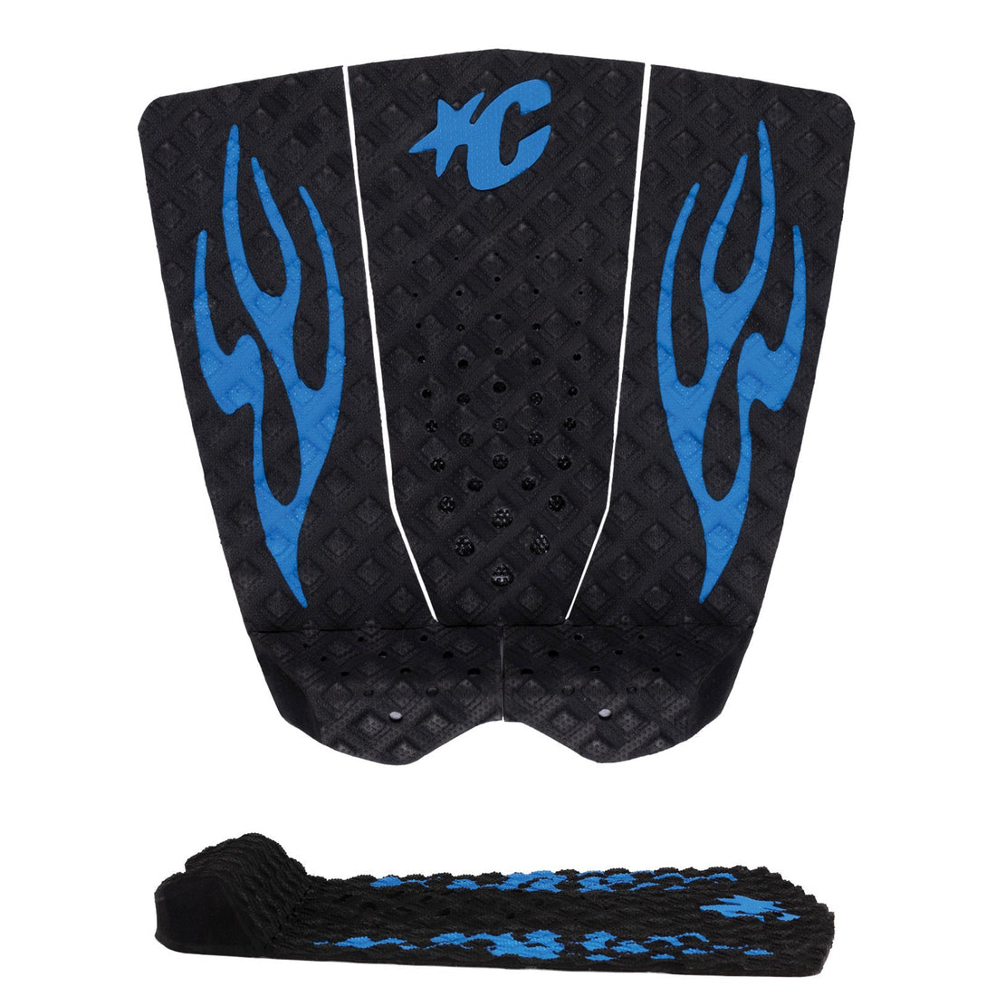 Creatures of Leisure Griffin Colapinto Lite Grip in Black/Cobalt Flame featuring three-piece surfboard traction, Diamond Loc II pattern, 7mm arch bar and 30mm Alpine kick, available at Freeride Surf & Skate NZ.