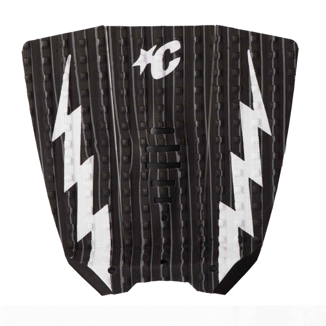 Creatures Mick Fanning Lite Black White Stripe three-piece surfboard traction pad.