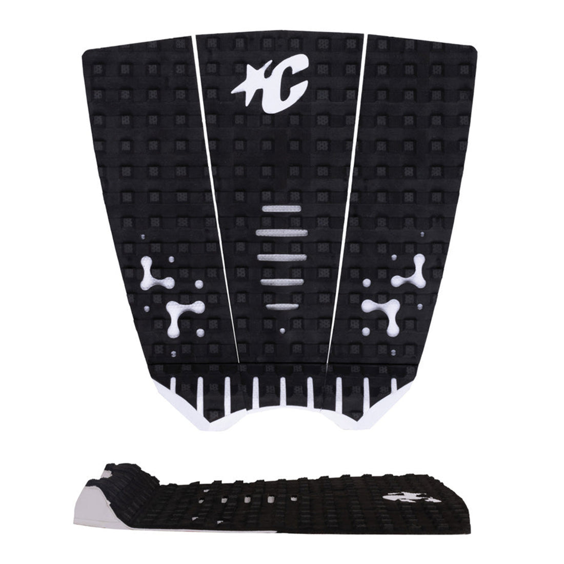 Creatures of Leisure Mick Fanning Loc Lite Grip in Black/White featuring three-piece LOC-LITE and THERMO-LITE surfboard traction, 7mm arch bar and 28mm tail kick, available at Freeride Surf & Skate NZ.