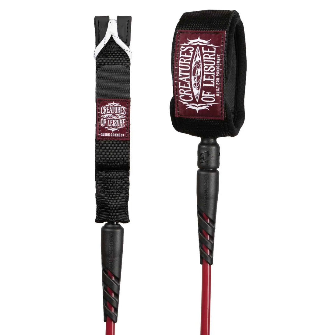 A red and black surf leash with a black wrist strap and a red logo patch reading 'Creatures of Lesure'.