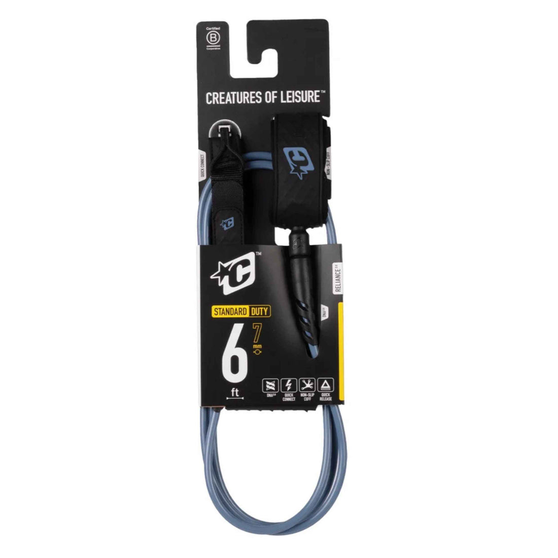 A blue and black dog leash with a black handle and metal buckle, packaged on a black and white 'Creatures of Leisure' branded card.