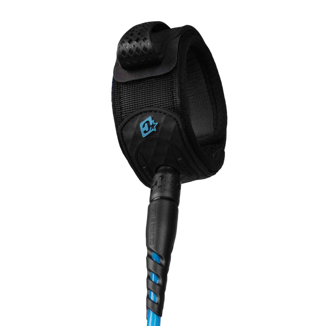 A black ankle leash with a blue logo and a blue-and-black handle, shown on a plain white background.