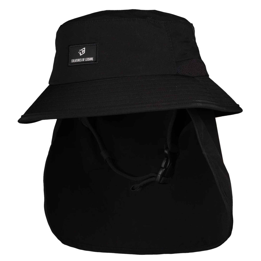 Creatures Reliance Legionnaire Surf Bucket in Black with detachable neck flap and adjustable chin strap.