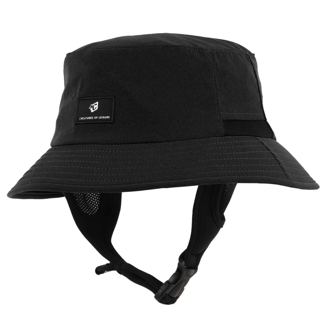 Creatures Reliance Surf Bucket Hat in Black with soft brim and adjustable neoprene chin strap.