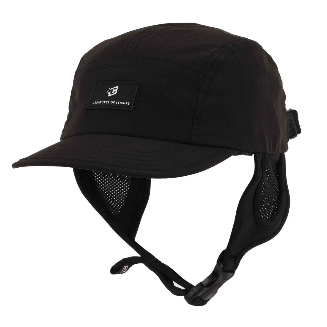 Creatures Reliance Surf Cap in Black with soft brim and adjustable neoprene chin strap.