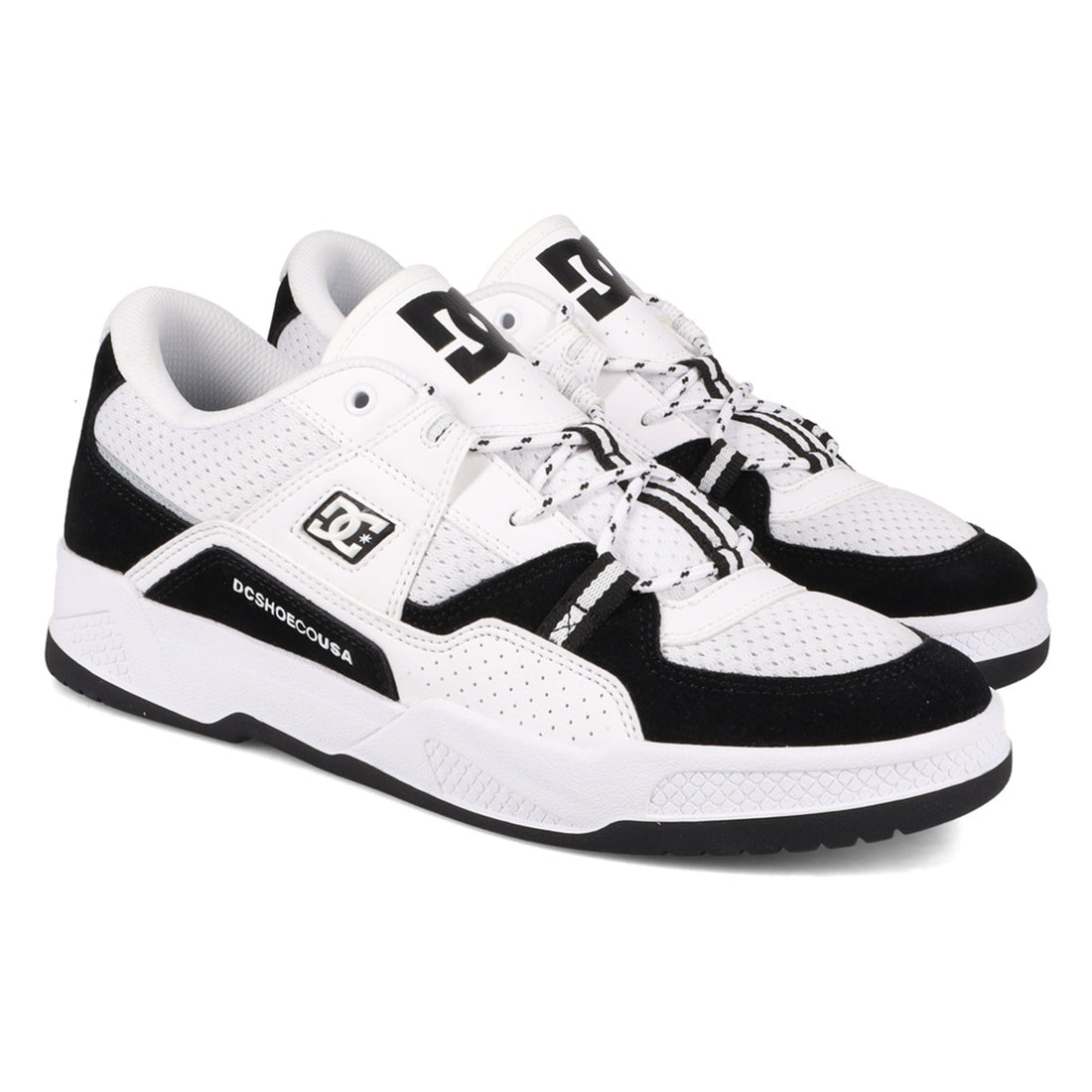 DC Construct men's skate shoes in Black White with leather, nubuck and suede upper, padded collar and moulded DC side logo.