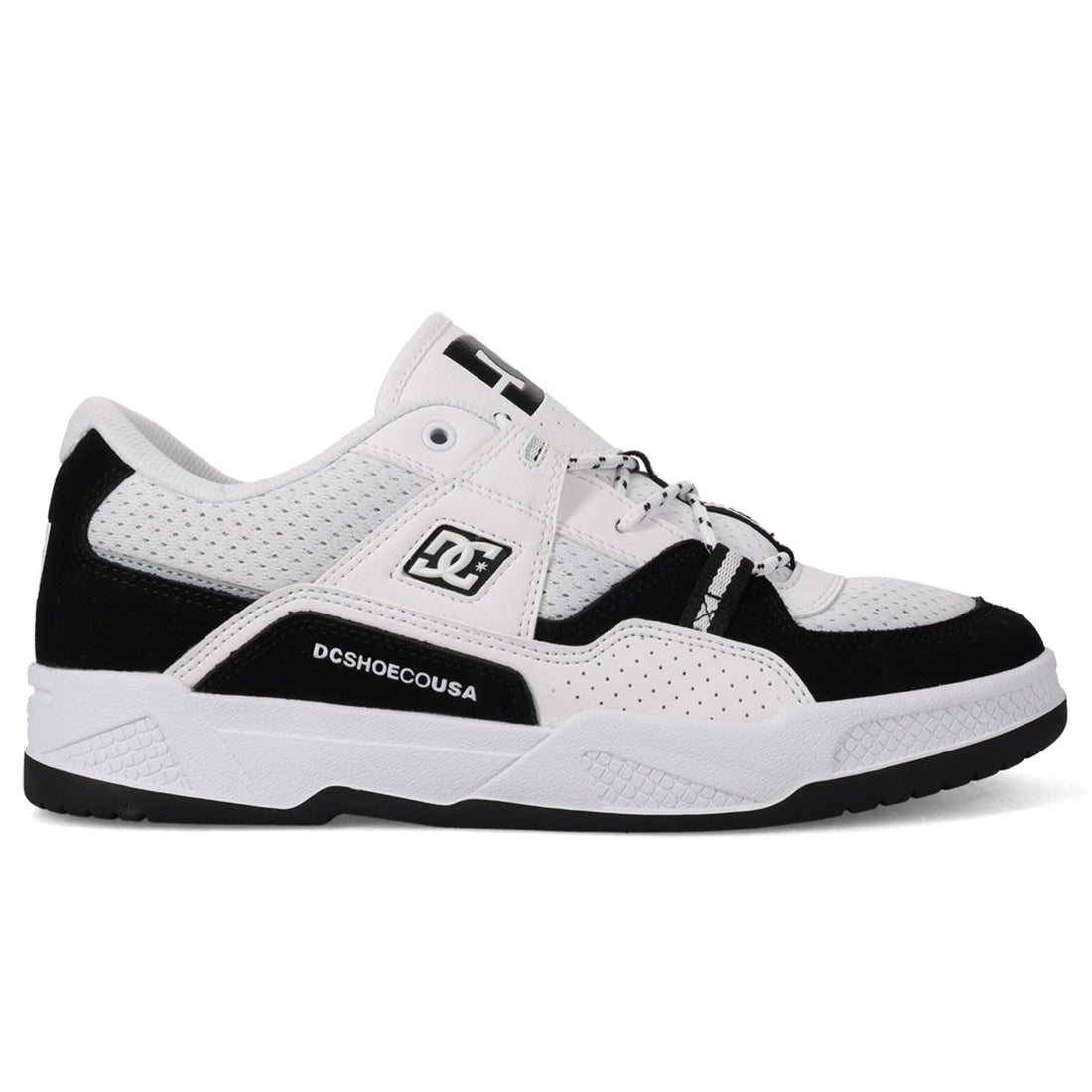 DC Construct men's skate shoes in Black White with leather, nubuck and suede upper, padded collar and moulded DC side logo.