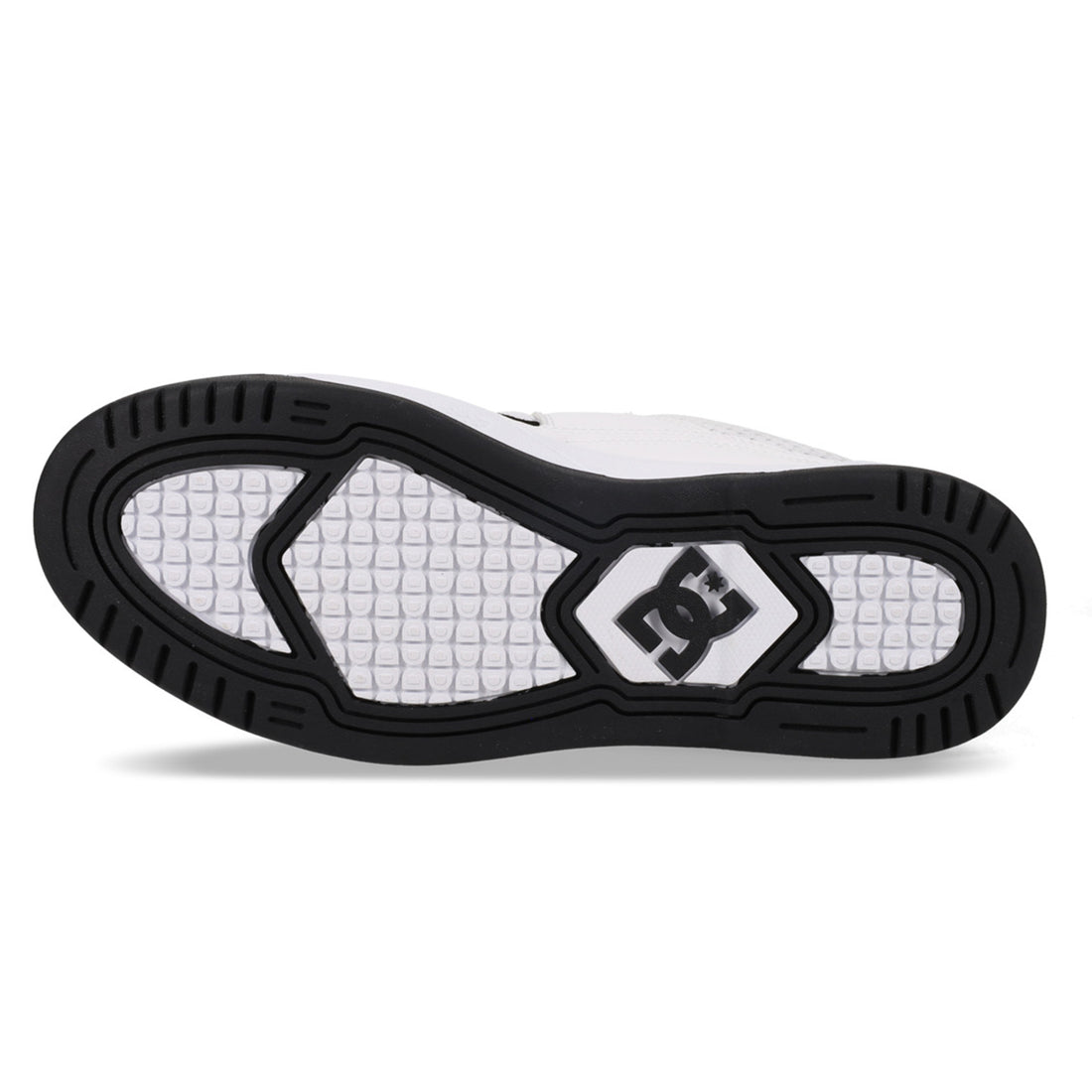 DC Construct men's skate shoes in Black White with leather, nubuck and suede upper, padded collar and moulded DC side logo.
