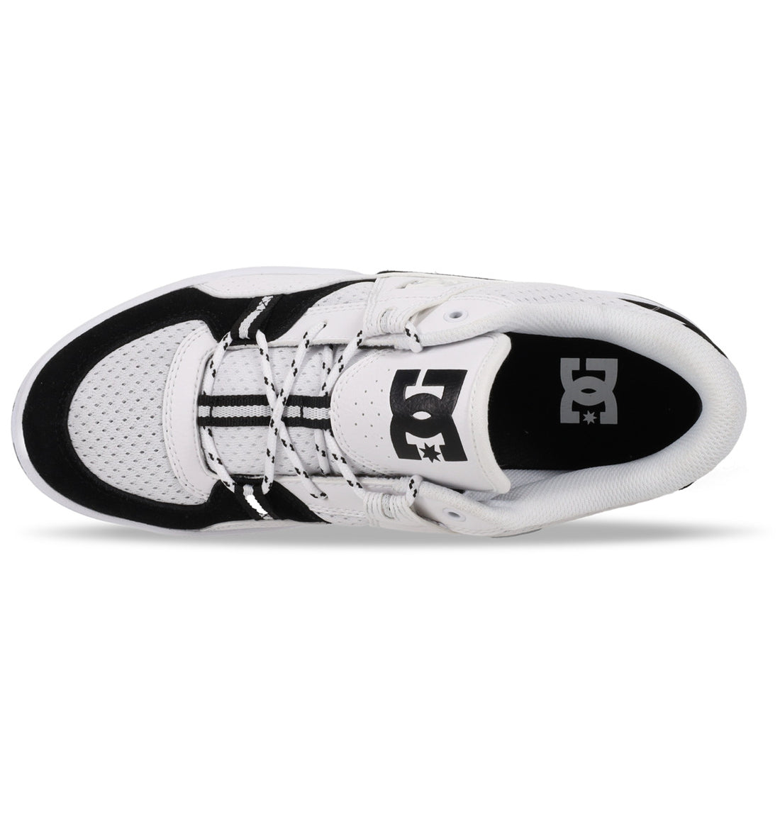 DC Construct men's skate shoes in Black White with leather, nubuck and suede upper, padded collar and moulded DC side logo.