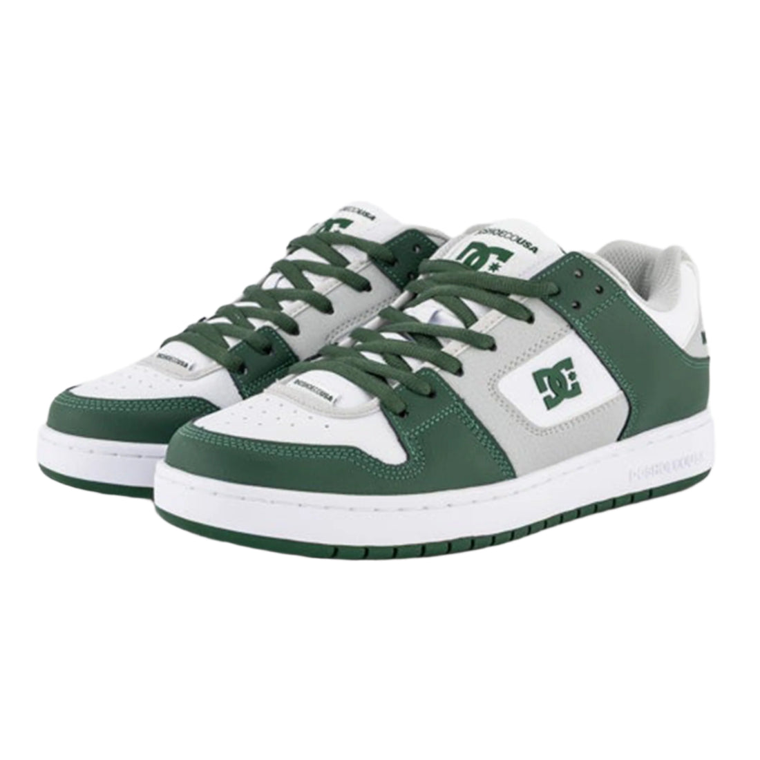 DC Manteca SE skate shoes in White Grey Green with panelled leather upper, green DC logo detailing and padded tongue and collar.
