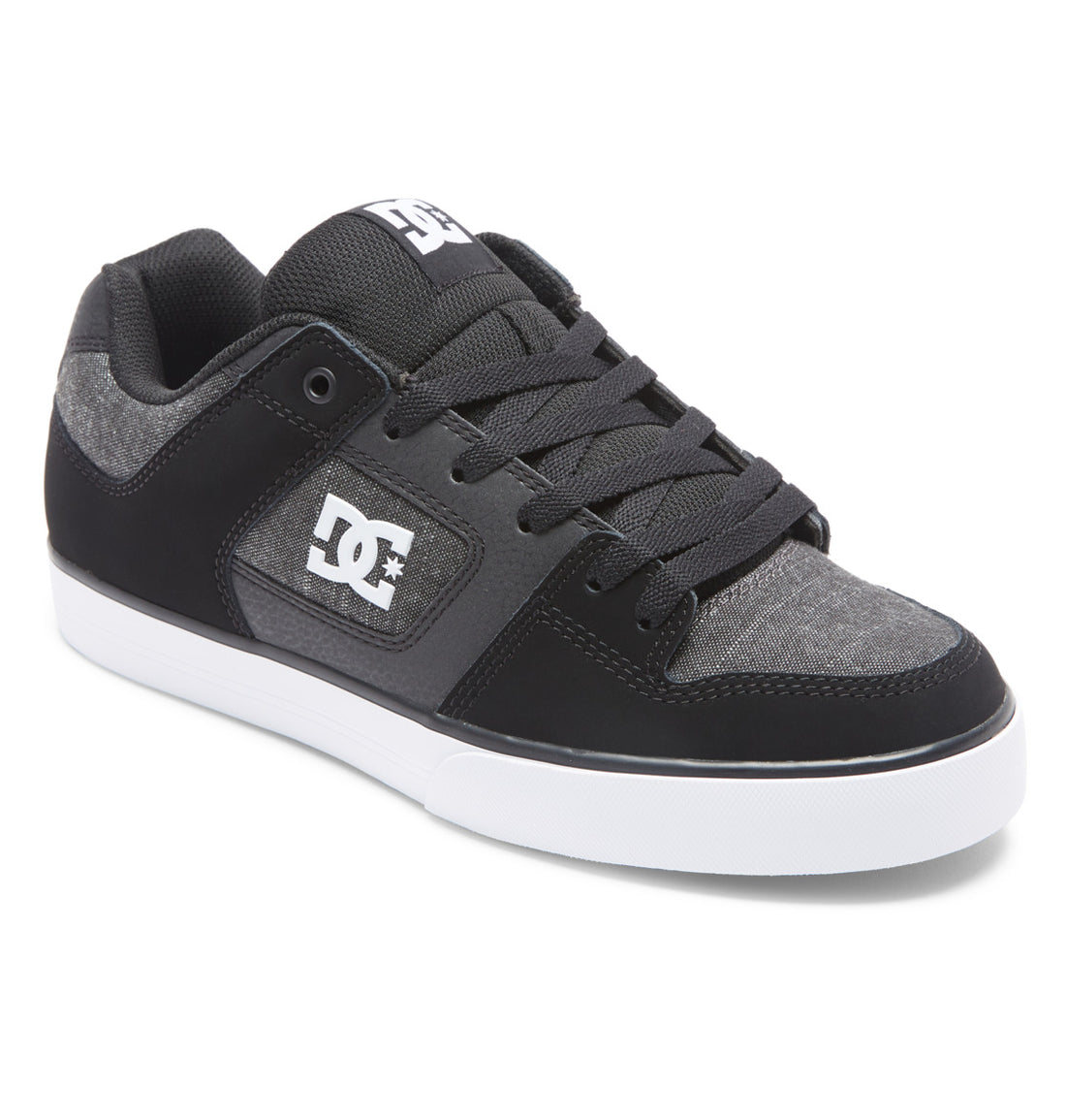 A pair of DC Pure Black Dark Slate sneakers with lace-up closure, featuring a combination of black and gray colors, and a flat, matching rubber outsole.
