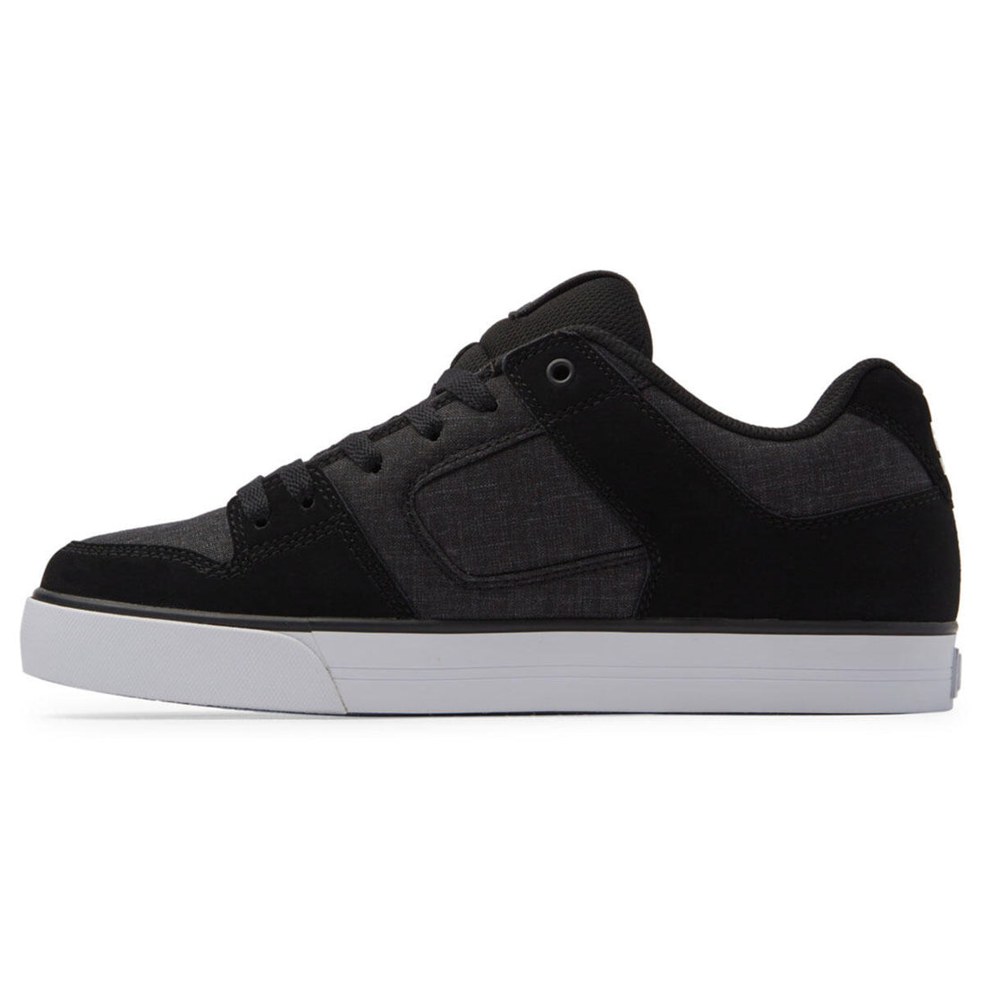 DC Pure men's skate shoes in Black White Battleship with heavy-duty leather upper, padded silhouette and durable rubber cupsole.